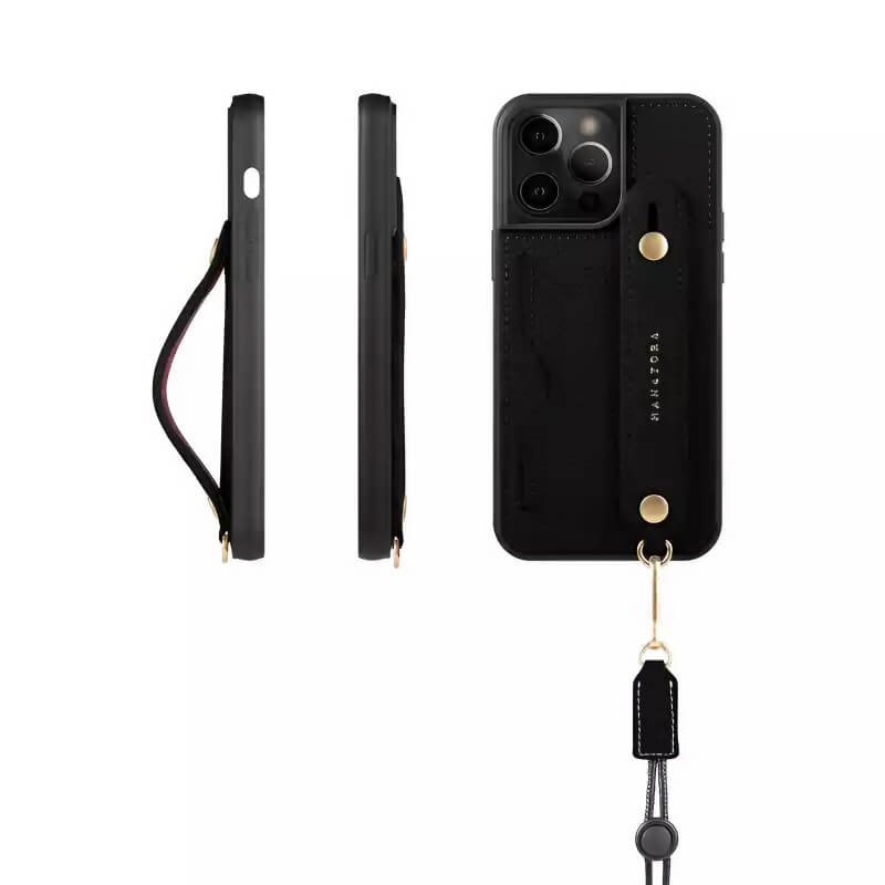 iPhone 16 Pro Max Leather Case Wallet Phone Grip Lanyard Black