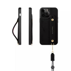 iPhone 16 Pro Max Leather Case Wallet Phone Grip Lanyard Black