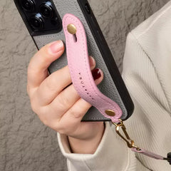 iPhone 16 Pro Max Leather Case Wallet Phone Grip Lanyard Black