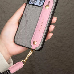 iPhone 16 Pro Max Leather Case Wallet Phone Grip Lanyard Black