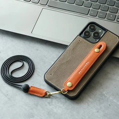 iPhone 16 Pro Max Leather Wallet Case with Phone Grip and Lanyard Black