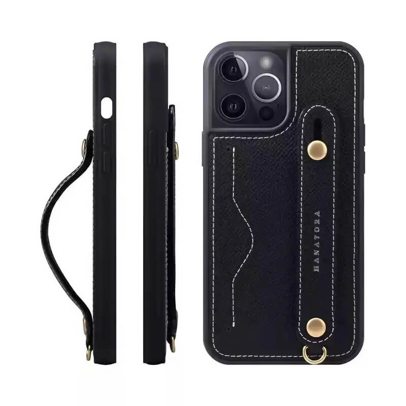 iPhone 16 Pro Max Leather Wallet Case with Phone Grip and Lanyard Black