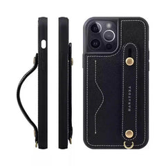 iPhone 16 Pro Max Leather Wallet Case with Phone Grip and Lanyard Black