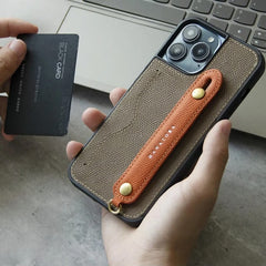 iPhone 16 Pro Max Leather Wallet Case with Phone Grip and Lanyard Black