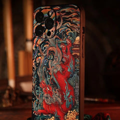 iPhone 16 Pro Max Textured TPU Case - Cloud Sea Qilin Art Design