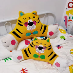 Cute Kawaii Cuddle Tiger Hug Pillow for Bed, Sofa - Adorable Plush, Yellow Furry Cushion