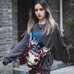 빨간 코튼 귀여운 크로스바디 백, 춤추는 용 모자 디자인 소녀용 귀엽고 캐주얼한 휴대폰 파우치