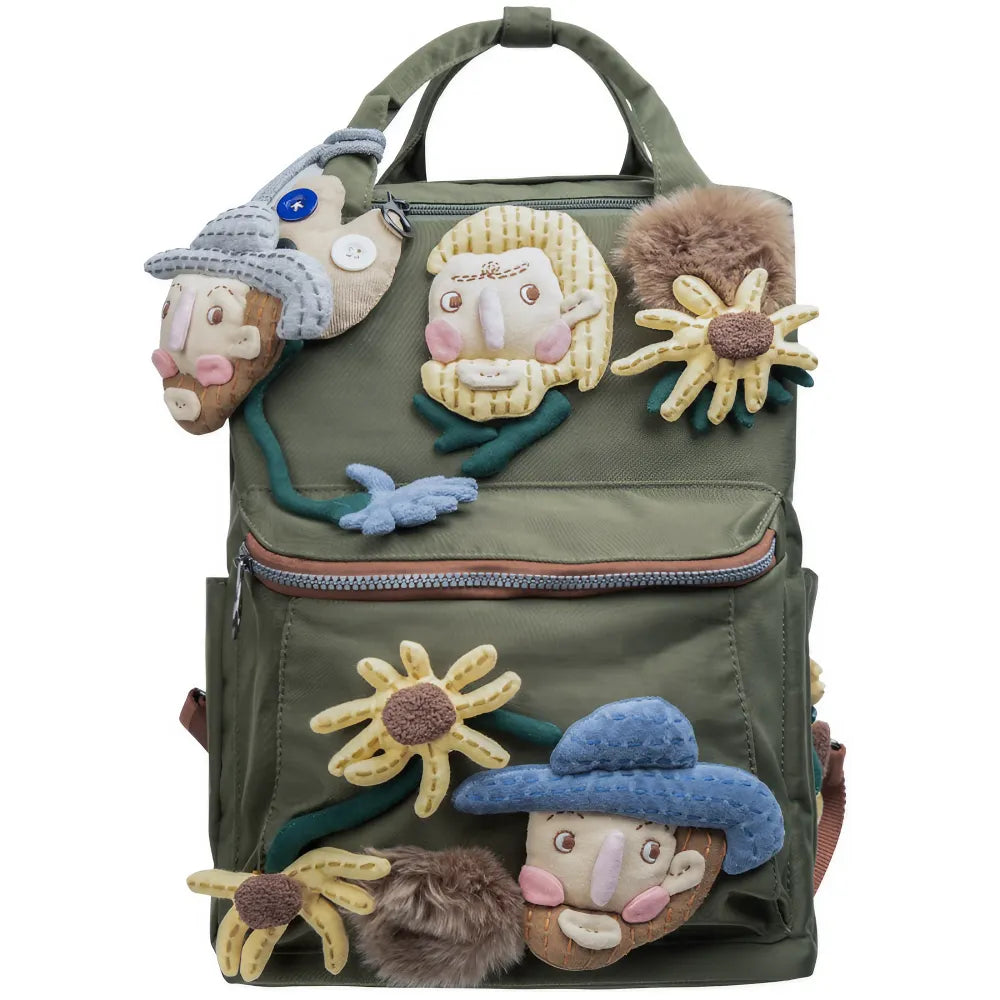 Van Gogh Cute and Stylish Green Polyester Kawaii Backpack Casual and Laptop Handmade Bag