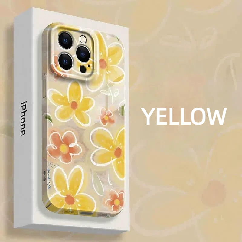 iPhone 14 15 16 Pro Max Case - TPU Yellow Doodle Flower Design