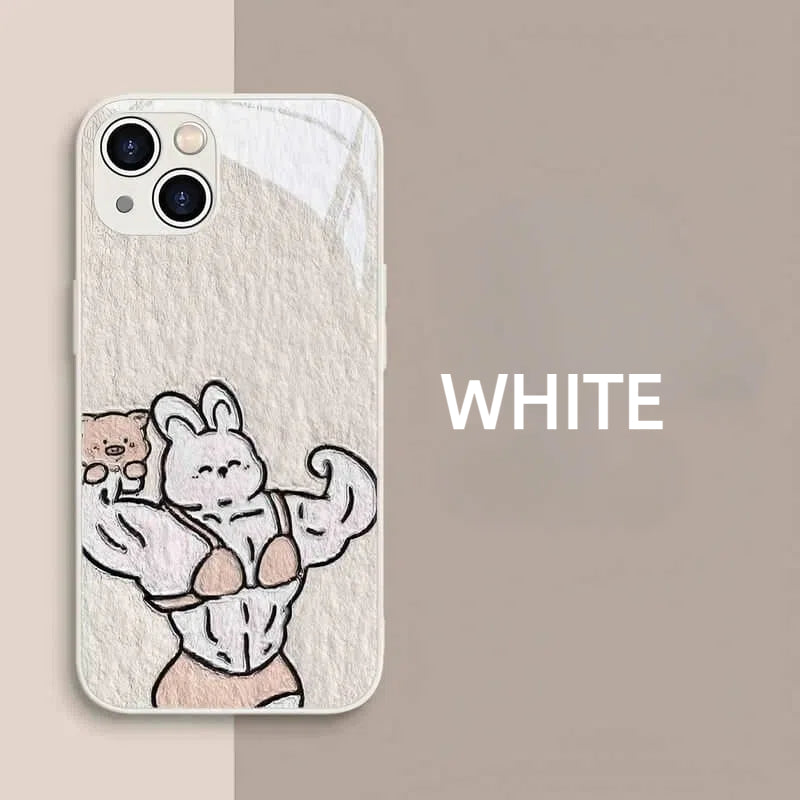 Funny Muscle Rabbit Tempered Glass iPhone Case for iPhone 14 15 16 Pro Max - White