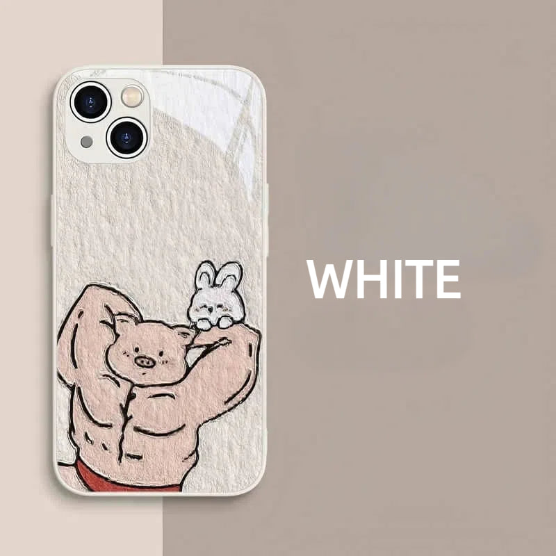 Funny Muscle Rabbit Tempered Glass iPhone Case for iPhone 14 15 16 Pro Max - White