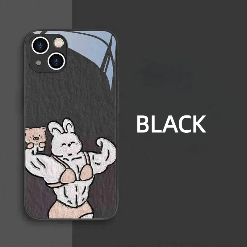 Funny Muscle Rabbit Tempered Glass iPhone Case for iPhone 14 15 16 Pro Max - White