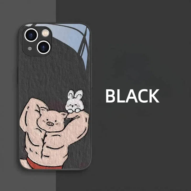 Funny Muscle Rabbit Tempered Glass iPhone Case for iPhone 14 15 16 Pro Max - White