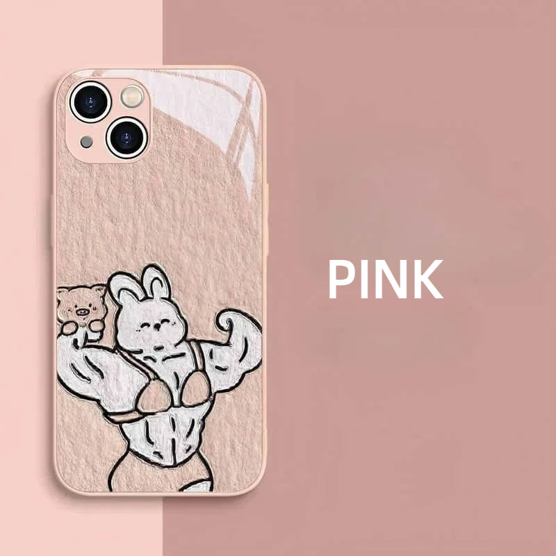 Funny Muscle Rabbit Tempered Glass iPhone Case for iPhone 14 15 16 Pro Max - White