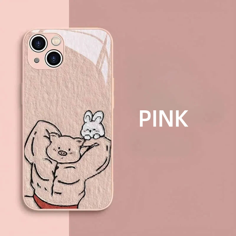 Funny Muscle Rabbit Tempered Glass iPhone Case for iPhone 14 15 16 Pro Max - White