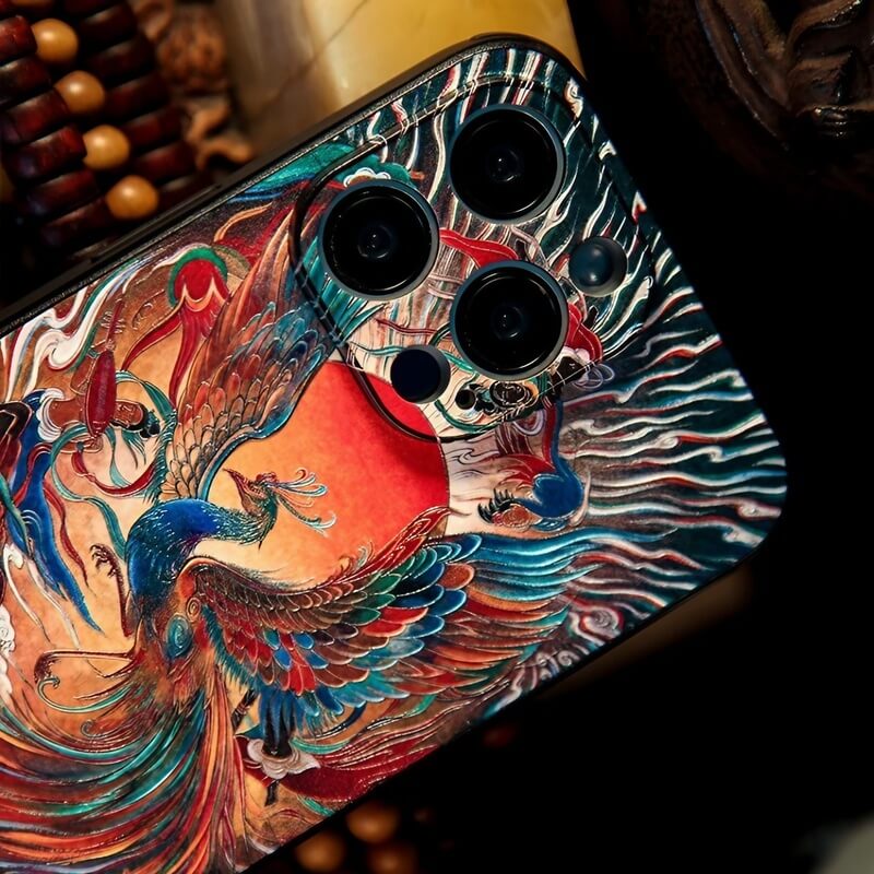 16″ iPhone 16 Pro Max TPU Case - Vermilion Bird Art Texture