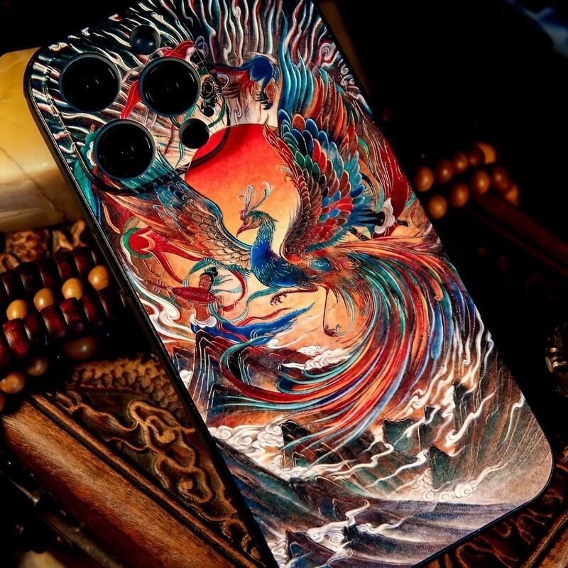 16″ iPhone 16 Pro Max TPU Case - Vermilion Bird Art Texture