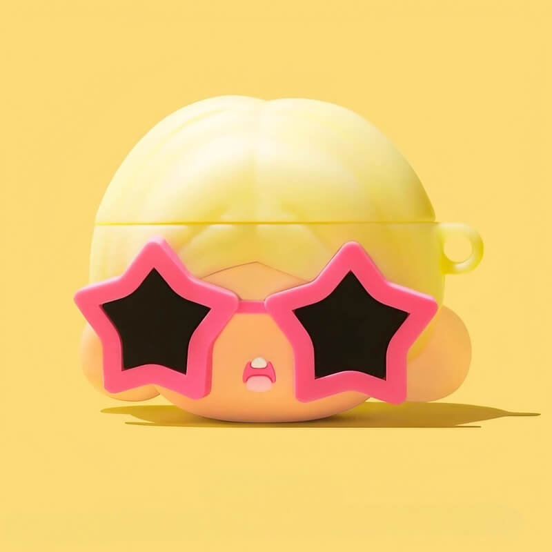 5" Yellow Silicone AirPods Case - Girl with Star-Shaped Glasses Design