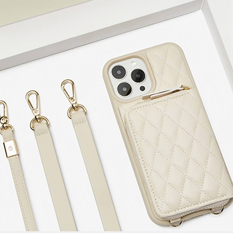 6.7″ PU Leather Sling Wallet Case for iPhone 16 Pro Max - Off-White
