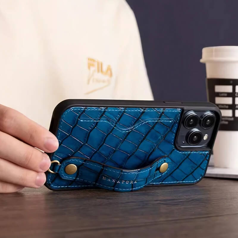 6.7″ iPhone 16 Pro Max Leather Wallet Case with Phone Grip Black