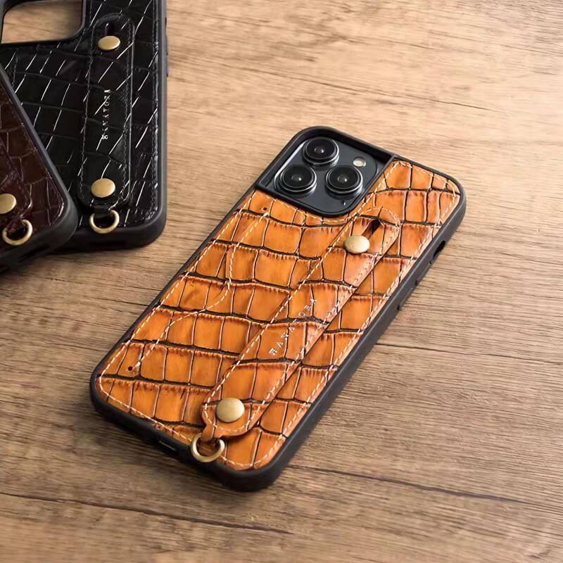 6.7″ iPhone 16 Pro Max Leather Wallet Case with Phone Grip Black