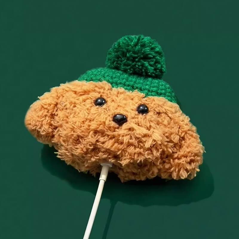 Plush AirPods Case - 16" Cute Green Hat Dog Brown