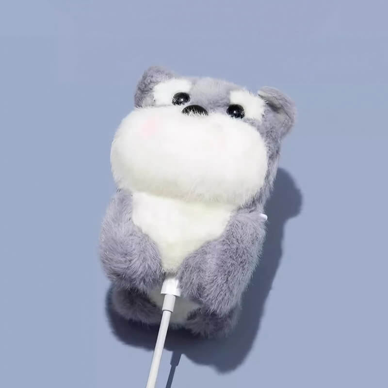 Plush Gray Schnauzer AirPods Case - 6″ Cute and Funny Design