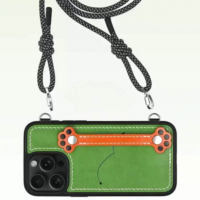 Real Leather iPhone 15 Pro Max Case - Blue + Red with Adorable Feline Paws, Wallet, Phone Grip