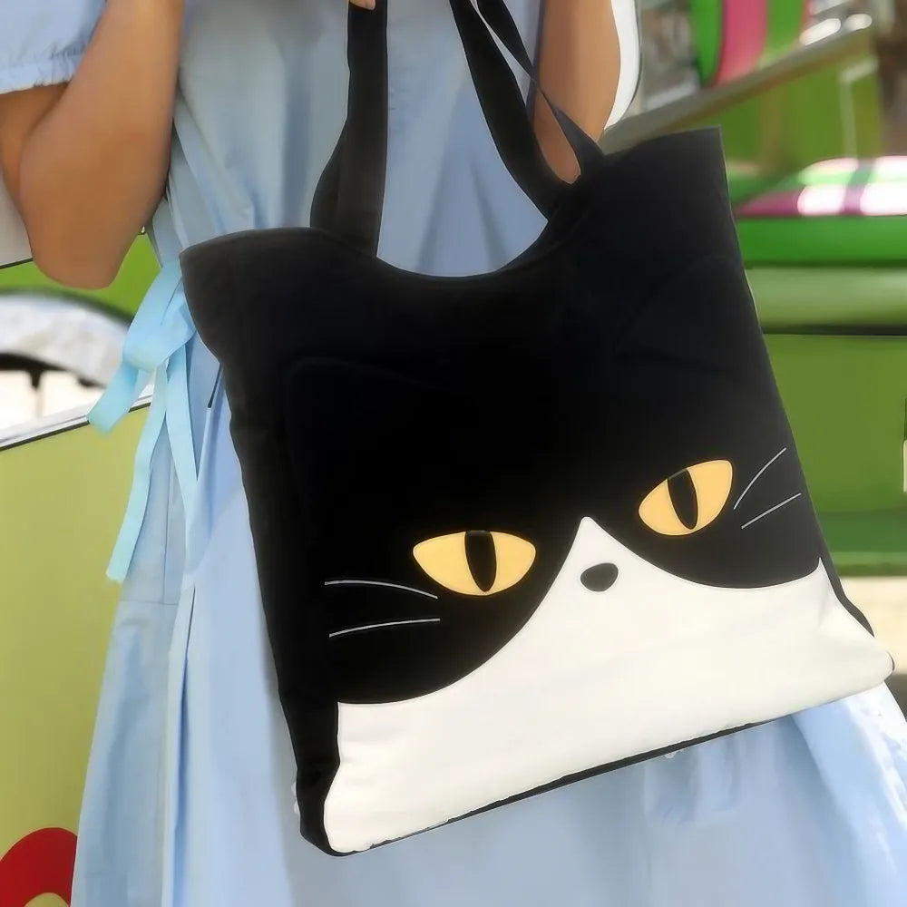 Kawaii Black and White Cotton Cute Shoulder Bag Stylish and Simple Cool Cat Theme