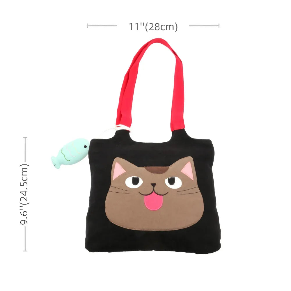 Cute Black Canvas Cat Theme Kawaii Shoulder Bag Casual Carryall for Cat Lovers