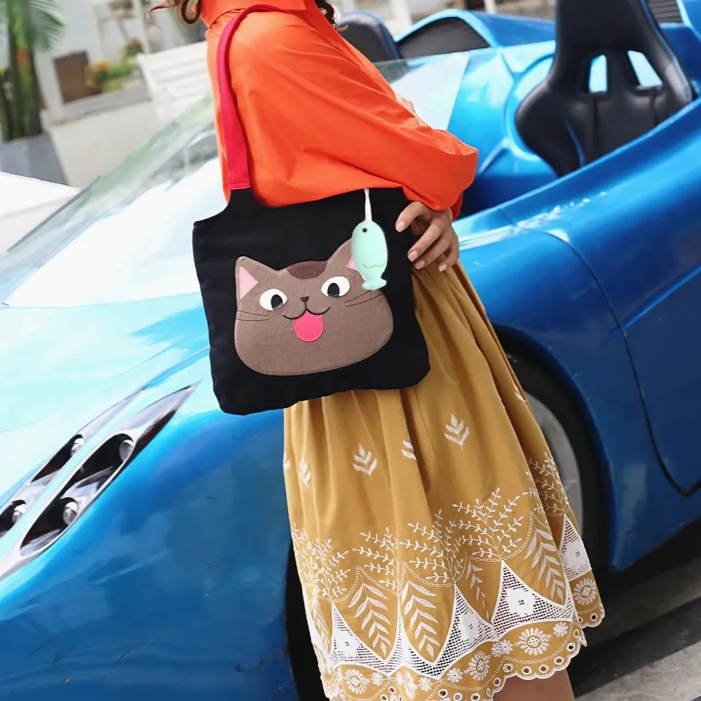Cute Black Canvas Cat Theme Kawaii Shoulder Bag Casual Carryall for Cat Lovers