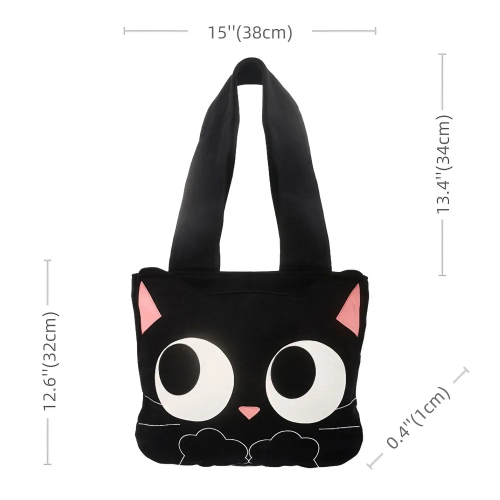 Cute Black Cat Kawaii Shoulder Bag Casual and Functional Cotton Handbag Perfect for Laptops