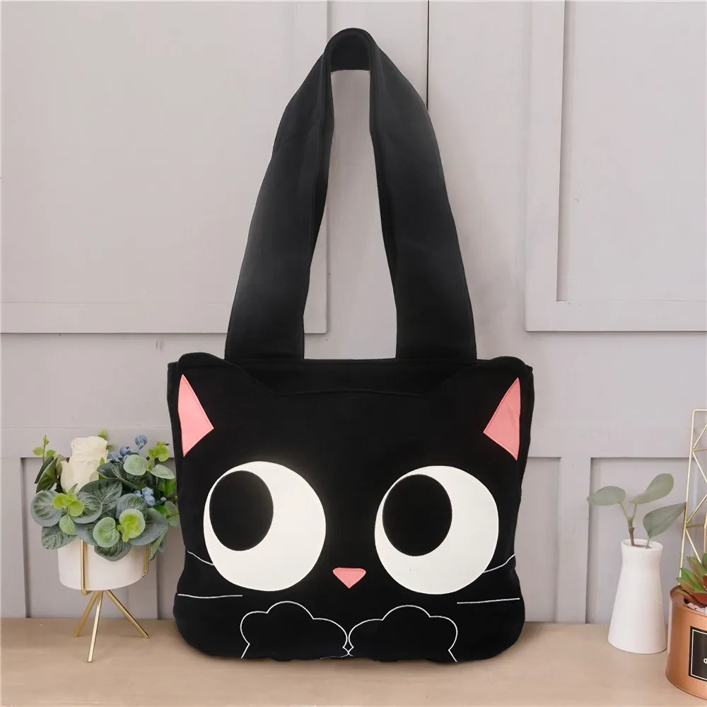 Cute Black Cat Kawaii Shoulder Bag Casual and Functional Cotton Handbag Perfect for Laptops