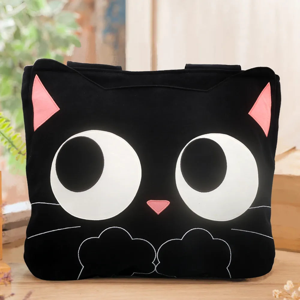 Cute Black Cat Kawaii Shoulder Bag Casual and Functional Cotton Handbag Perfect for Laptops