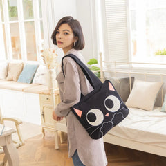 Cute Black Cat Kawaii Shoulder Bag Casual and Functional Cotton Handbag Perfect for Laptops