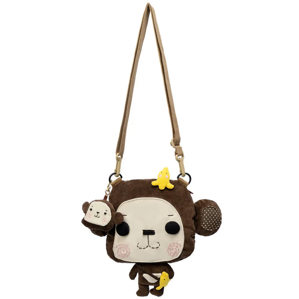 Kawaii Brown Corduroy Cute Crossbody Mini Bag with Monkey Design Casual and Fun - Handmade