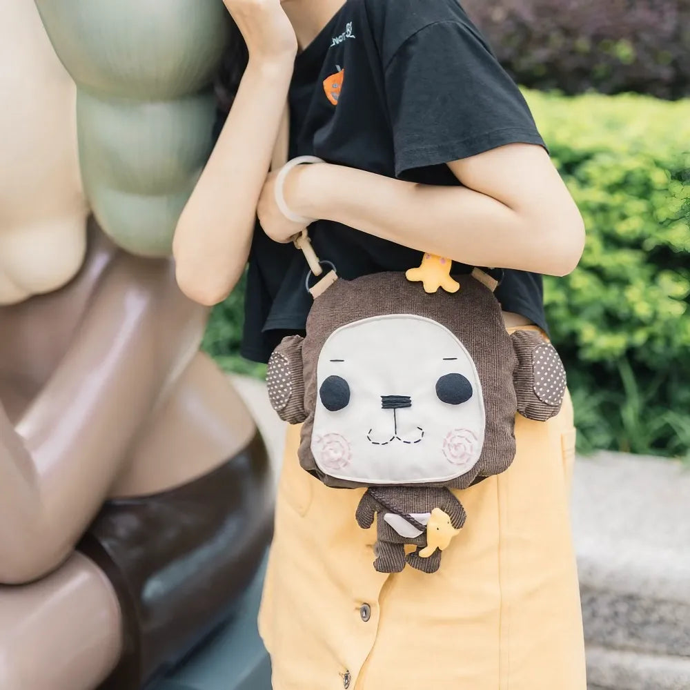 Kawaii Brown Corduroy Cute Crossbody Mini Bag with Monkey Design Casual and Fun - Handmade