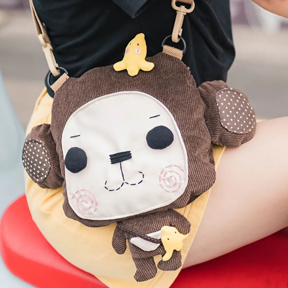 Kawaii Brown Corduroy Cute Crossbody Mini Bag with Monkey Design Casual and Fun - Handmade