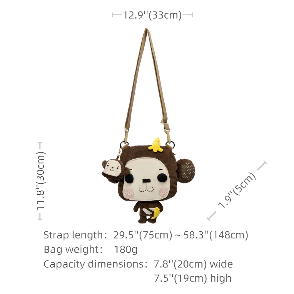 Kawaii Brown Corduroy Cute Crossbody Mini Bag with Monkey Design Casual and Fun - Handmade