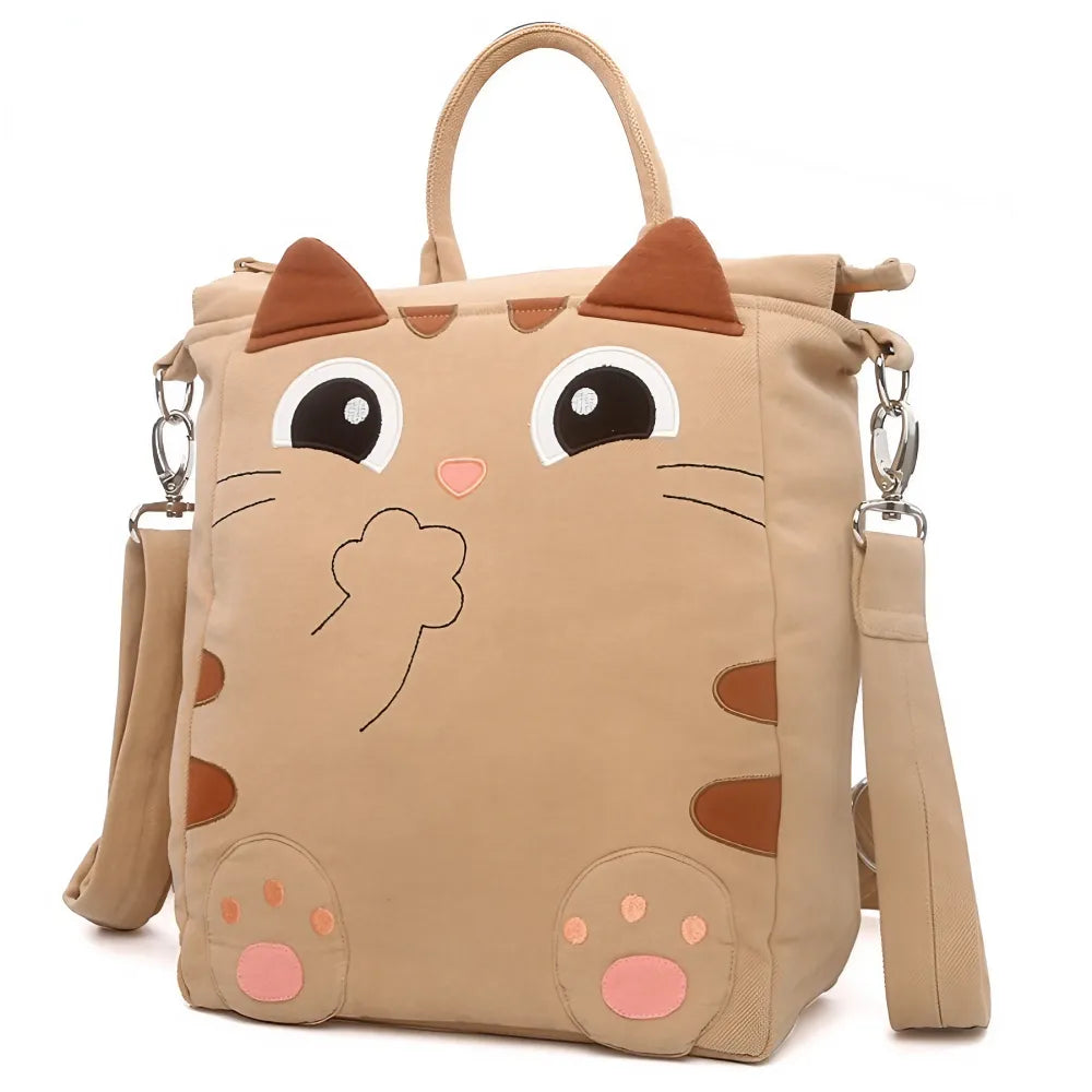 Kawaii Cat-themed Khaki Cotton Cute Bags Totes Crossbodies and Backpacks for Casual and Multi-functional Use