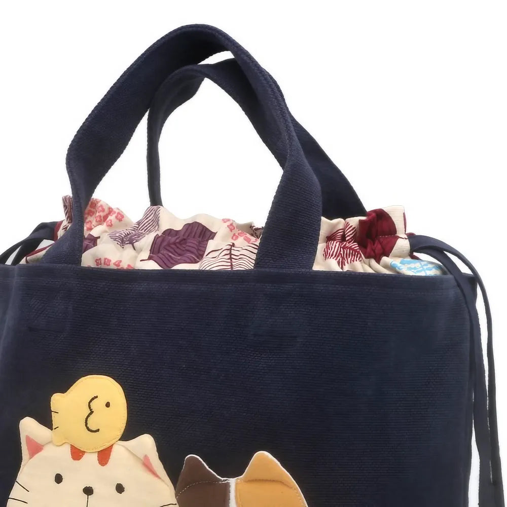 Kawaii Deep Blue Cat Themed Cotton Cute Tote Bag Perfect for Casual Outings