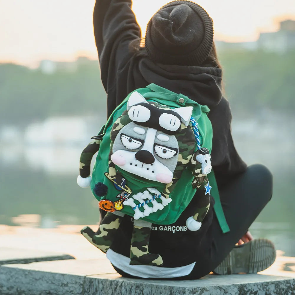 Kawaii Green Canvas Cute Handmade Backpack Perfect for Casual Use Featuring Husky Dog Design