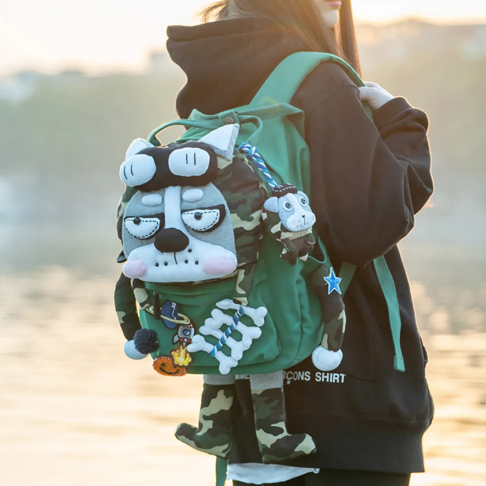 Kawaii Green Canvas Cute Handmade Backpack Perfect for Casual Use Featuring Husky Dog Design