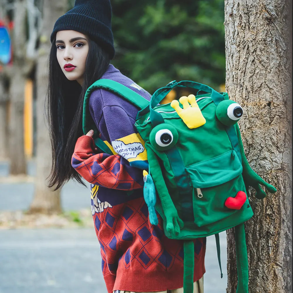 Handmade Cute Green Frog Canvas Kawaii Backpack Casual and Cute