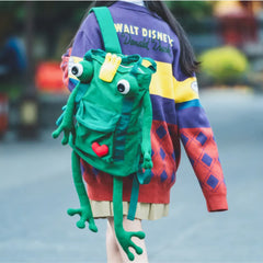 Handmade Cute Green Frog Canvas Kawaii Backpack Casual and Cute