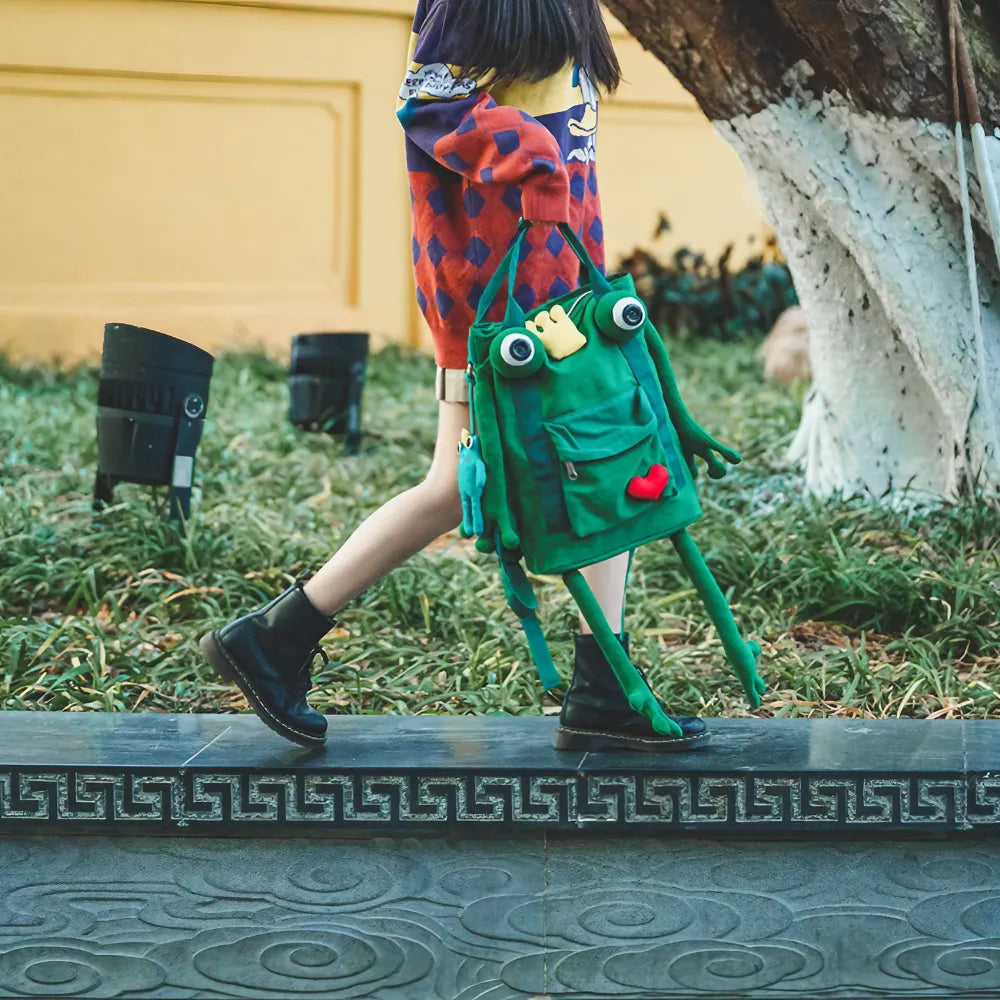 Handmade Cute Green Frog Canvas Kawaii Backpack Casual and Cute