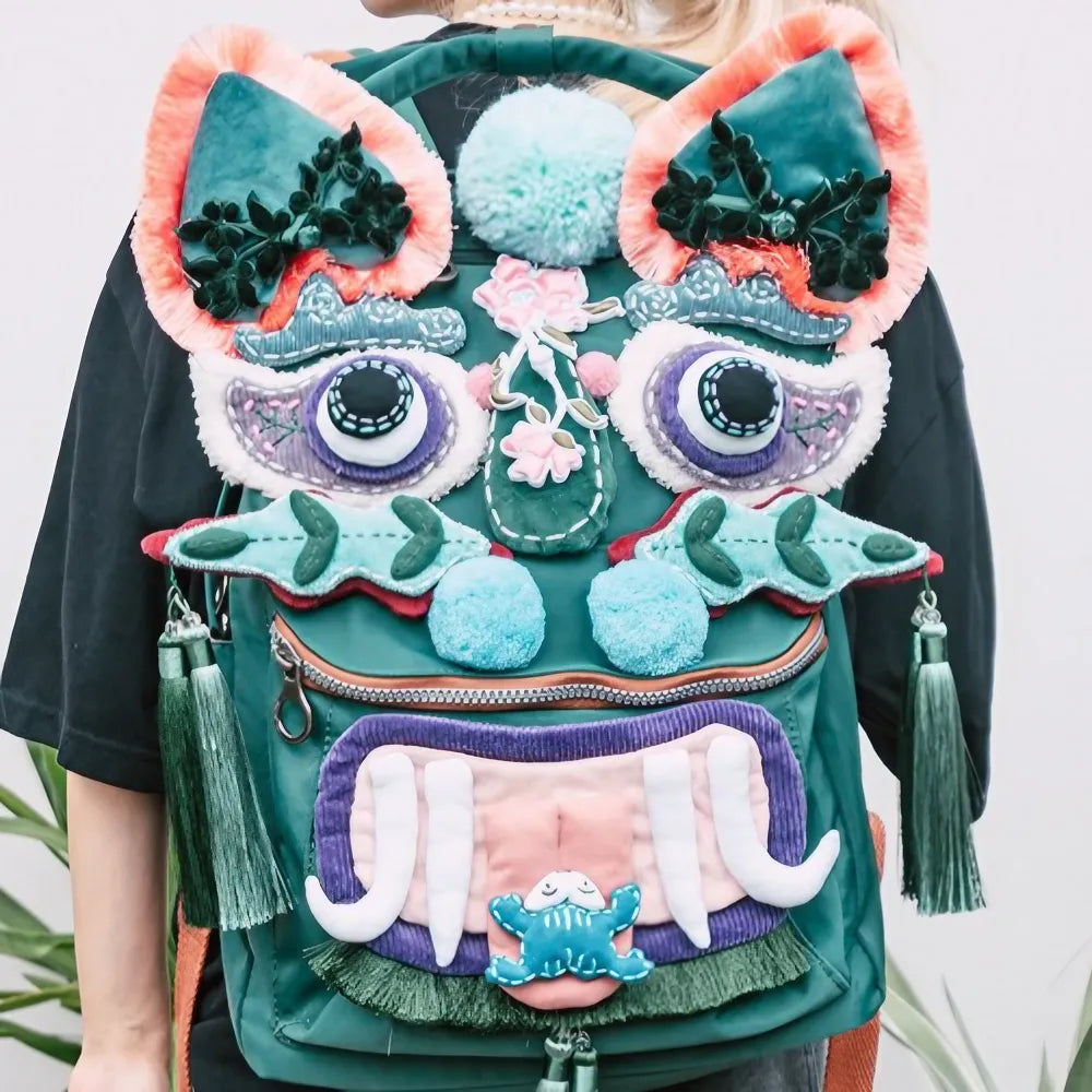 Kawaii Green Polyester Tiger Head Cute Backpack Casual and Laptop Bag - Handmade