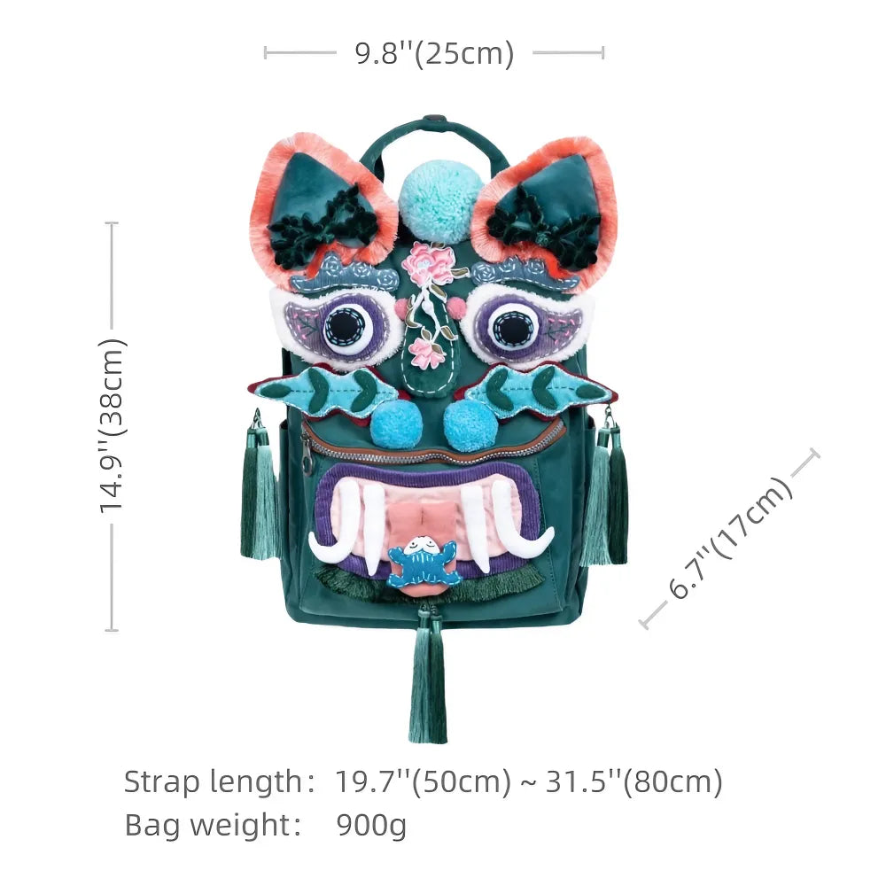 Kawaii Green Polyester Tiger Head Cute Backpack Casual and Laptop Bag - Handmade