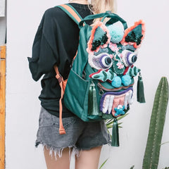 Kawaii Green Polyester Tiger Head Cute Backpack Casual and Laptop Bag - Handmade