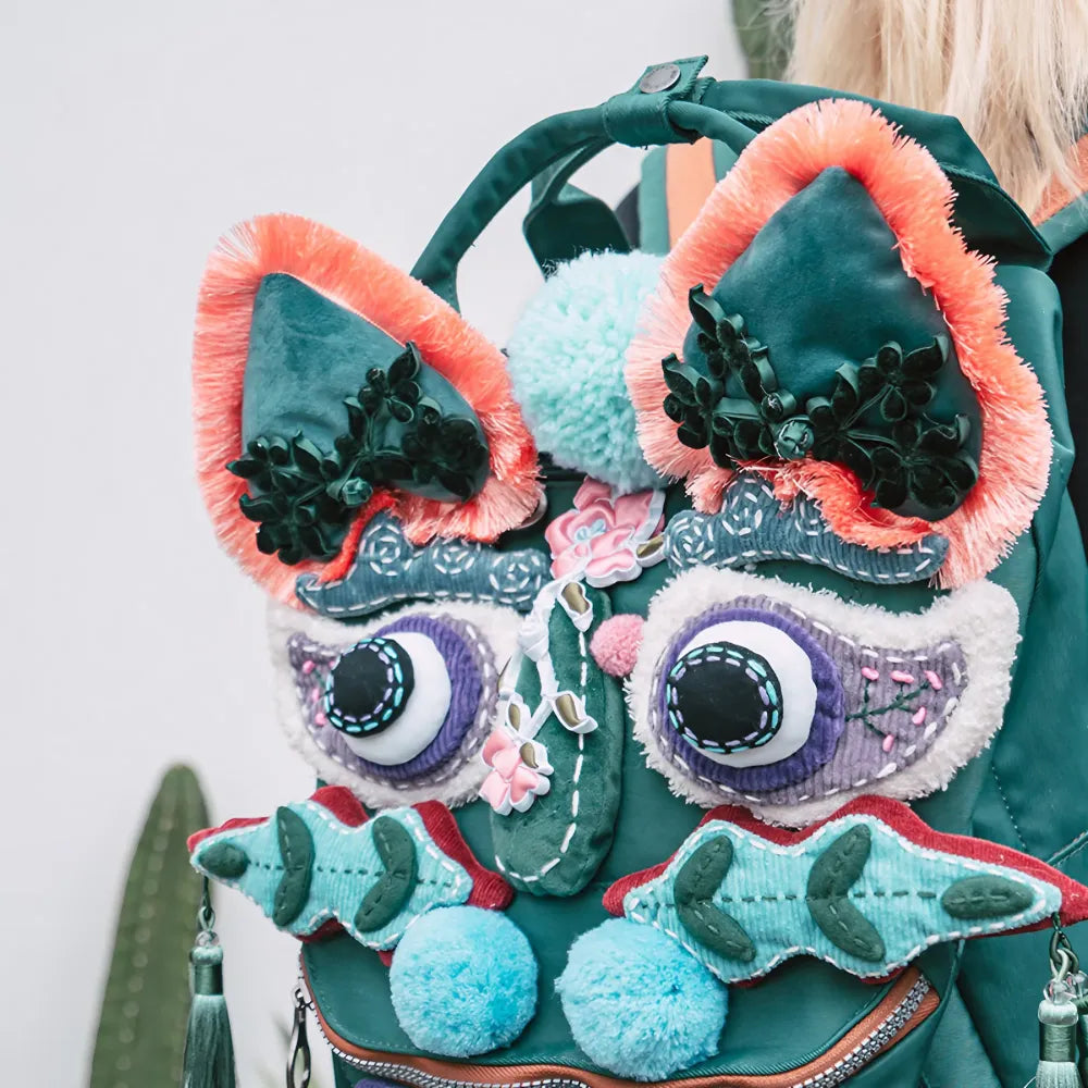 Kawaii Green Polyester Tiger Head Cute Backpack Casual and Laptop Bag - Handmade